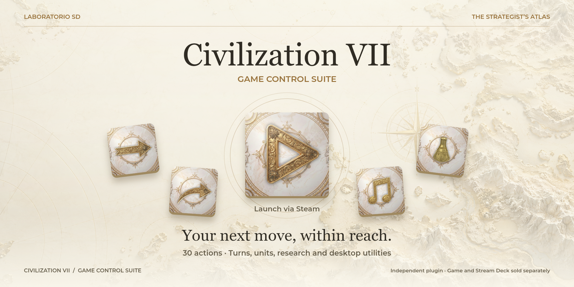 Civilization VII Game Control Suite: Portada Atlas en marfil y oro con Play como protagonista. Imagen con textos en inglés.