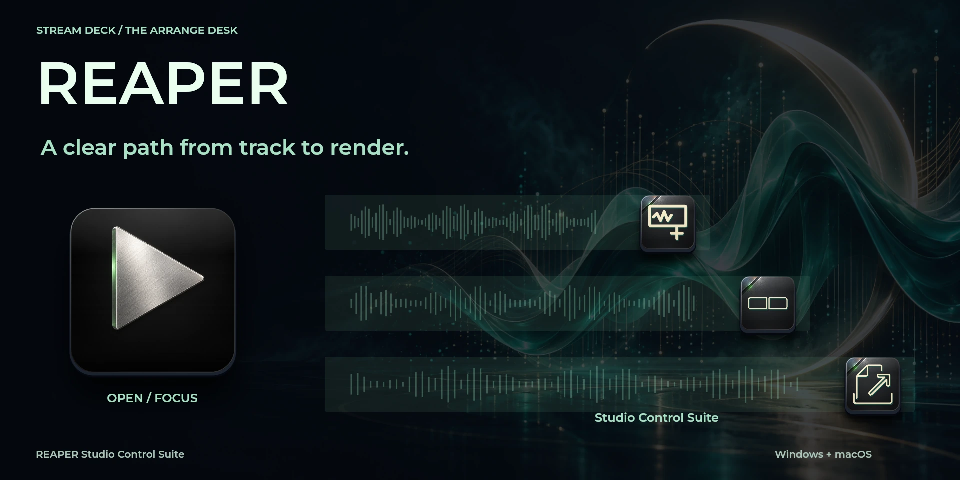 Presentación aprobada de REAPER Studio Control Suite; texto de la imagen en inglés.