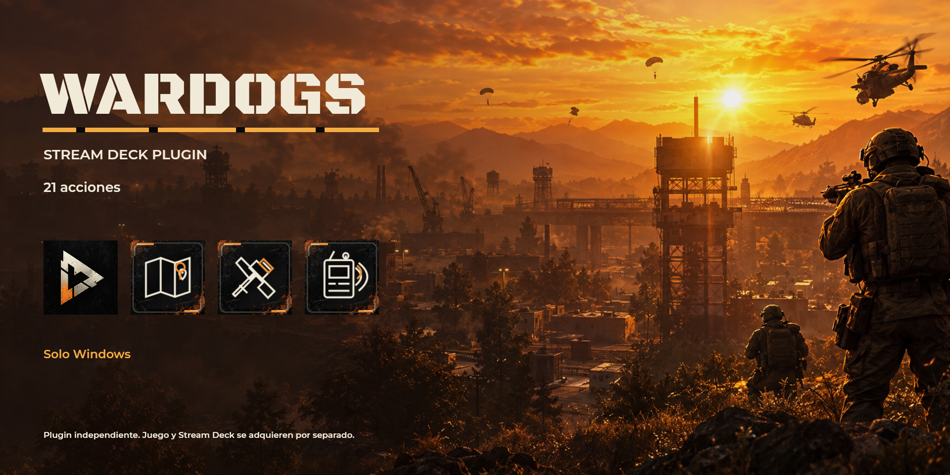 WARDOGS: controles tácticos en naranja, marfil y ámbar; portada en español
