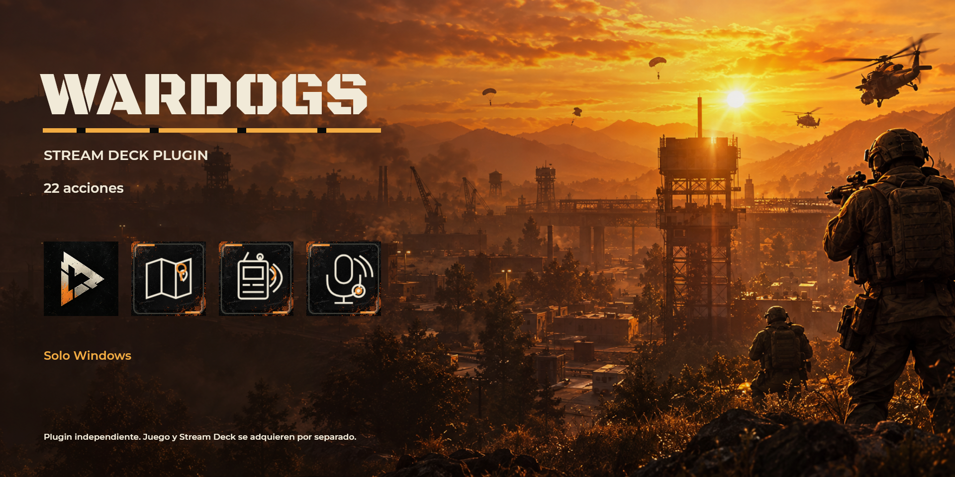 WARDOGS: controles tácticos en naranja, marfil y ámbar; portada en español
